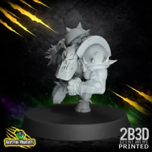 A heavy-armored Black Orc resin miniature in a charging pose, wearing a full-face metal mask and large spiked pauldrons, printed by 2B3D.