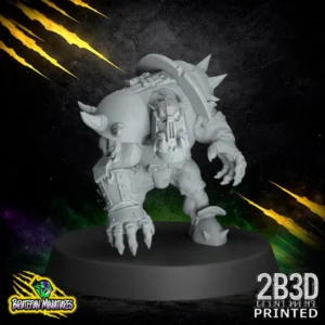 A resin Black Orc miniature with one hand on the ground in a line-start pose, wearing a heavy helmet and a spiked metal gauntlet.