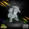 Alt Text: A high-detail resin Black Orc Blocker miniature in a powerful standing pose with a clenched fist, wearing heavy spiked armor and a closed-face metal helmet, designed by BruteFun Miniatures and printed by 2B3D.