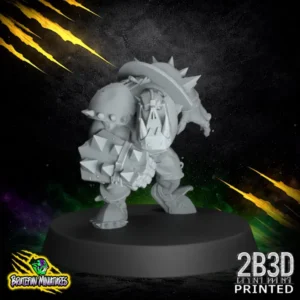 Alt Text: A high-detail resin Black Orc Blocker miniature in a powerful standing pose with a clenched fist, wearing heavy spiked armor and a closed-face metal helmet, designed by BruteFun Miniatures and printed by 2B3D.