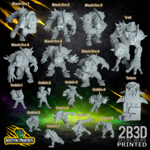 A complete 32mm scale high-detail resin Black Orc Team for fantasy football from BruteFun Miniatures, 3D printed by 2B3D. The collection includes six armored Black Orc Blitzers, nine unique Goblins, and one massive Troll.
