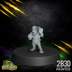 A 32mm scale resin goblin miniature in a mid-run pose, wearing a tattered tunic and a metal helmet with a single side spike, printed by 2B3D.