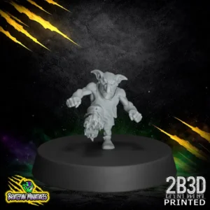 A resin goblin miniature in a low, sneaky crouch, featuring a helmet with a long horizontal nose guard, designed by BruteFun Miniatures and printed by 2B3D.