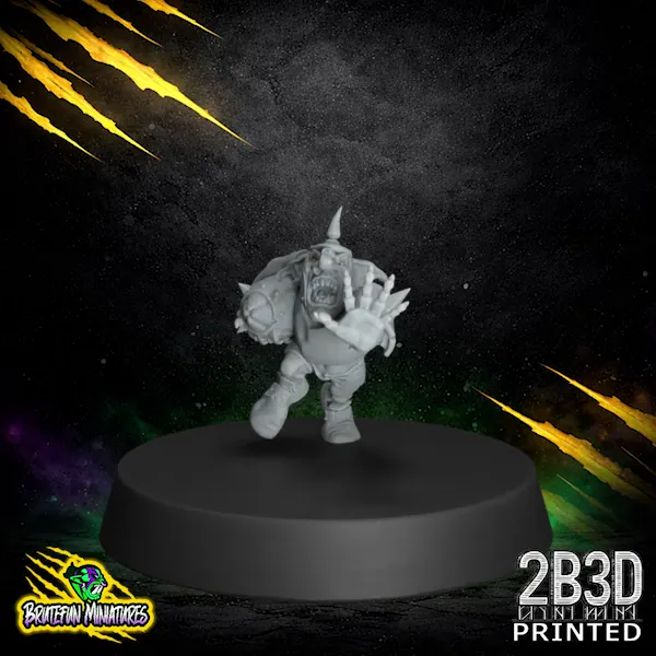 A high-detail resin goblin miniature in a defensive braced stance, wearing a bucket-style metal helmet with a jagged visor, printed by 2B3D.