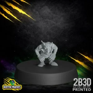A 32mm scale resin goblin miniature in a dynamic jumping or lunging pose, wearing a simple skull-cap style helmet, printed by 2B3D.