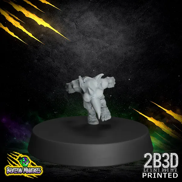 A high-detail resin goblin miniature in a low, lunging pose, wearing a metal helmet with a long pointed nose guard, professionally printed by 2B3D from a BruteFun Miniatures design.