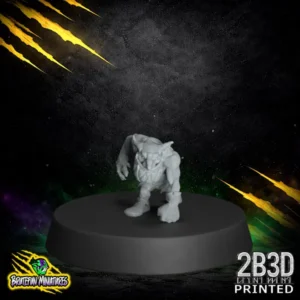 A resin goblin miniature in a hunched, aggressive stance with a jagged mouth guard and clenched fist, 32mm scale, printed by 2B3D.