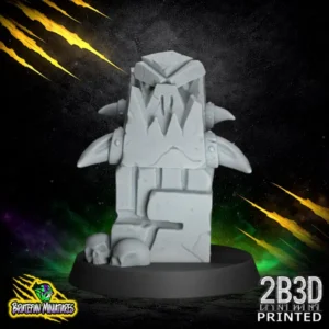 A stone-textured orc totem miniature with tusked protrusions and skull details at the base, functioning as a turn or score marker for fantasy football.