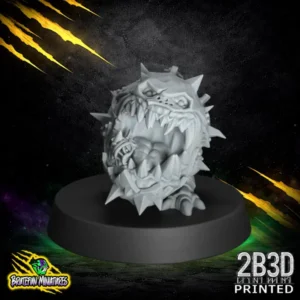 A 32mm scale high-detail resin miniature of Fungitz Beast 01, a spiked Squig creature with a massive toothy maw and iron-plate armor, sculpted by BruteFun Miniatures and printed by 2B3D for fantasy football.