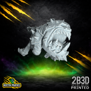 A 32mm scale high-detail resin miniature of an armored Squig beast wearing a metal face cage and spiked helmet, sculpted by BruteFun Miniatures and printed by 2B3D for fantasy football.