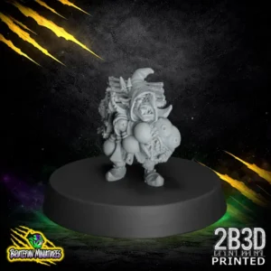 32mm scale high-detail resin miniature of a fantasy football Goblin Bomber with a backpack full of explosives, sculpted by BruteFun Miniatures and printed by 2B3D.