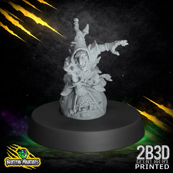 32mm scale high-detail resin miniature of a fantasy football Goblin riding a jumping Squig, sculpted by BruteFun Miniatures and printed by 2B3D.