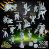 A collection of 32mm high-detail resin miniatures featuring 6 Linemen, 2 Trolls, 2 Adicts, a Spinner, Glider, Saw, Leaper, Bomber, and a set of tokens and coins, printed by 2B3D.