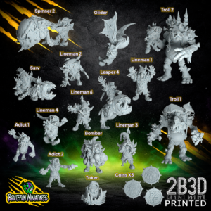 A collection of 32mm high-detail resin miniatures featuring 6 Linemen, 2 Trolls, 2 Adicts, a Spinner, Glider, Saw, Leaper, Bomber, and a set of tokens and coins, printed by 2B3D.