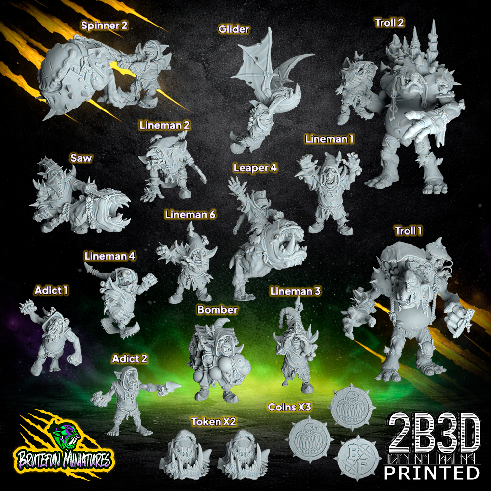 A collection of 32mm high-detail resin miniatures featuring 6 Linemen, 2 Trolls, 2 Adicts, a Spinner, Glider, Saw, Leaper, Bomber, and a set of tokens and coins, printed by 2B3D.