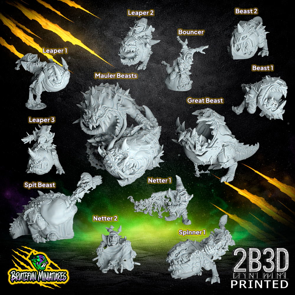 A collection of resin miniatures showing the Full Team Extras, including 3 additional Leapers, 2 Netters, multiple Beasts, Mauler Beasts, a Spit Beast, and the Great Beast.