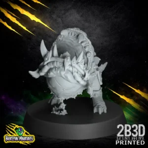 360 turntable view of the Fungitz Great Beast fantasy football miniature by BruteFun Miniatures, a 32mm high-detail resin model printed by 2B3D with a hulking reptilian body, exposed face, fungal armour, horns, straps, and a spiked tail.