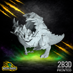 Masked Fungitz Great Beast fantasy football miniature by BruteFun Miniatures, shown as a 32mm high-detail resin model printed by 2B3D, featuring a bulky reptilian body, layered fungal-style armour, horned mask, spiked tail, and heavy straps.