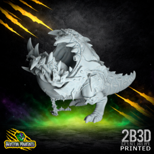 Fungitz Great Beast fantasy football miniature by BruteFun Miniatures, shown as a 32mm high-detail resin model printed by 2B3D, featuring a hulking reptilian body, exposed snarling face, layered fungal armour, heavy straps, and a spiked tail.