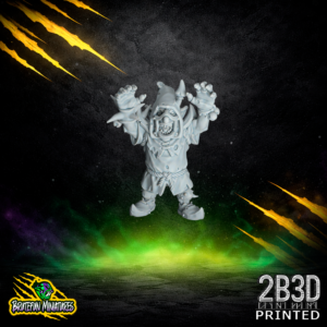 Static image of the Fungitz Lineman fantasy football miniature in the mouth guard version, designed by BruteFun Miniatures and professionally printed in high-detail resin by 2B3D. The sculpt features a hooded fungal player with a wide grin, raised hands, spiked shoulder details, rope belt, and chunky boots.