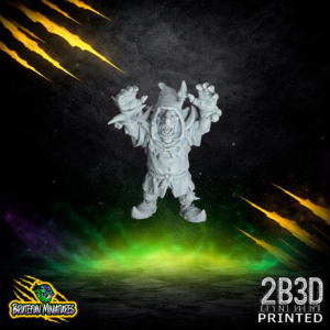 Static image of the Fungitz Lineman fantasy football miniature in the no mouth guard version, designed by BruteFun Miniatures and professionally printed in high-detail resin by 2B3D. The sculpt features a hooded fungal player with an open toothy grin, raised hands, spiked shoulder details, rope belt, and chunky boots.