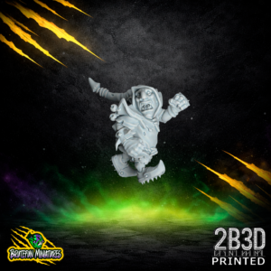 32mm high-detail resin fantasy football goblin miniature by BruteFun Miniatures, professionally printed by 2B3D, shown with a mouth guard, hooded armour, spiked shoulder pad, and running pose.