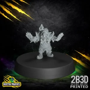 A 32mm high-detail resin miniature of a hooded goblin from the Fearsome Fungitz collection by BruteFun Miniatures, professionally printed by 2B3D. The character features a tattered cloak, fungal details on the hood, and a wide-reaching, defensive pose.