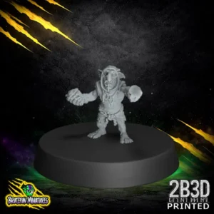 A 32mm scale high-detail resin miniature of a crazed goblin fanatic holding a ball and a jagged stone, sculpted by BruteFun Miniatures and printed by 2B3D.