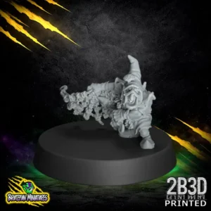 A 32mm scale high-detail resin Fungitz Netter fantasy football miniature, featuring a goblin in a pointed hood casting a thick fungal net, sculpted by BruteFun Miniatures and printed by 2B3D.