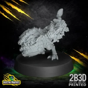 A 32mm scale high-detail resin Fungitz Spinner miniature, featuring a goblin being wildly swung by a massive armored squig on a chain, sculpted by BruteFun Miniatures and printed by 2B3D.