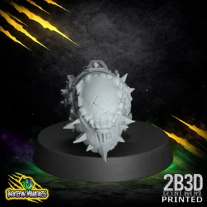 A 32mm scale high-detail resin miniature of the Fungitz Spinner ball, featuring a large armored fungal squig encased in spiked plating with stitched leather details, sculpted by BruteFun Miniatures and printed by 2B3D.