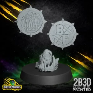 Three spiked coins and two sculpted 3D markers of a hooded goblin head emerging from the ground, printed by 2B3D.