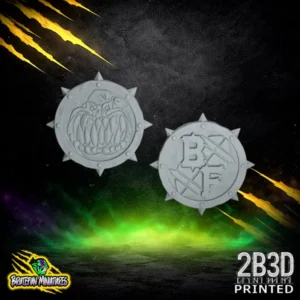 Two circular resin coins featuring a spiked border. One side shows a snarling squig-like face and the other features the BF creator logo with crossed swords, 32mm scale resin by 2B3D.
