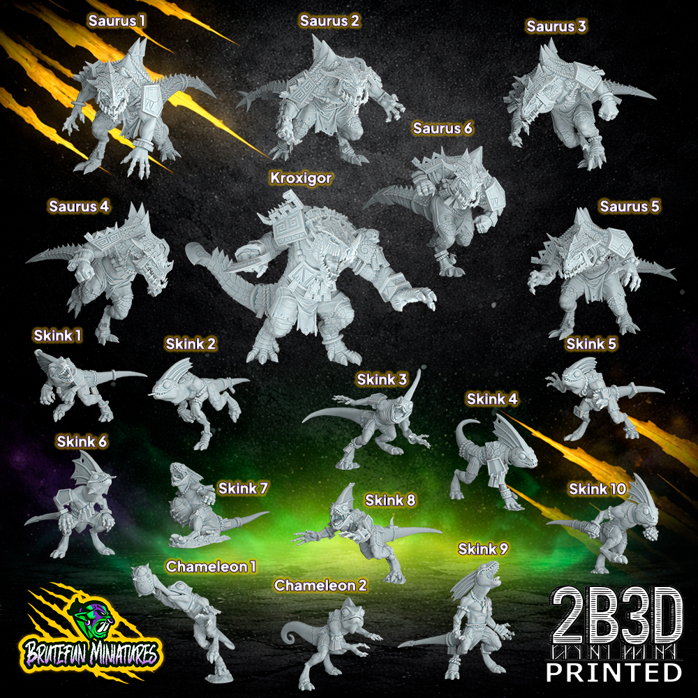 A complete Lizardmen Team collection of high-detail 32mm resin miniatures sculpted by BruteFun Miniatures and printed by 2B3D. The set includes a massive Kroxigor, several powerful Saurus warriors, and a variety of agile Skink and Skink Chameleon runners in dynamic fantasy football poses.