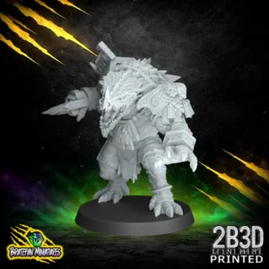 A front-facing view of the standard Kroxigor resin miniature. Printed in 32mm scale by 2B3D and sculpted by BruteFun Miniatures, featuring massive muscular definition and heavy scales.