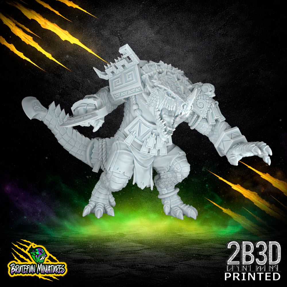 A 32mm high-detail resin Kroxigor miniature by BruteFun Miniatures, printed by 2B3D. This massive reptilian powerhouse is holding a fantasy football ball, featuring thick scales and heavy geometric armor.