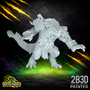 A 32mm scale resin Kroxigor miniature with a feathered headdress variation. Sculpted by BruteFun Miniatures and printed by 2B3D, showcasing muscular anatomy and ancient-themed armor.