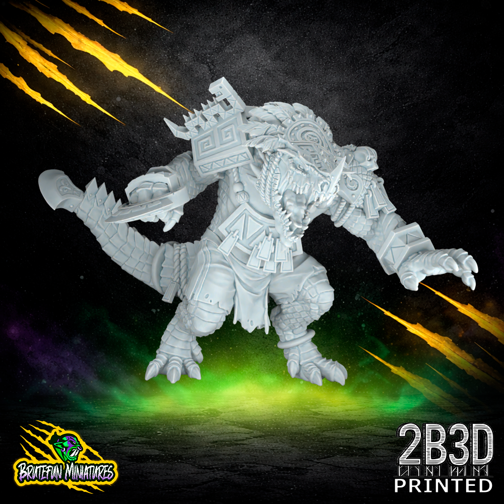 A 32mm scale resin Kroxigor miniature with a feathered headdress variation. Sculpted by BruteFun Miniatures and printed by 2B3D, showcasing muscular anatomy and ancient-themed armor.