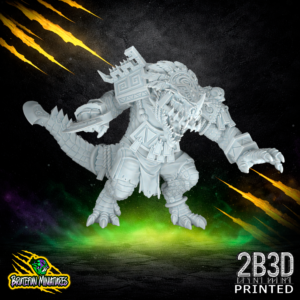 A 32mm resin Kroxigor miniature with both a feathered headdress and a mouth guard. Sculpted by BruteFun Miniatures and printed by 2B3D for high-stakes fantasy football.