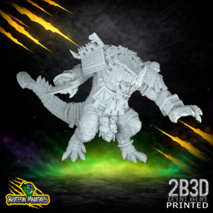 A 32mm scale resin Kroxigor miniature featuring a skull head variation. This aggressive sculpt by BruteFun Miniatures is printed in high-detail resin by 2B3D.