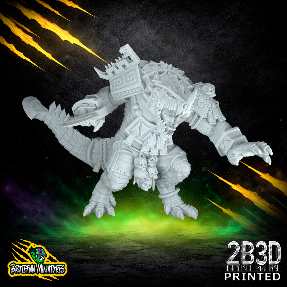 A 32mm scale resin Kroxigor miniature featuring a skull head variation. This aggressive sculpt by BruteFun Miniatures is printed in high-detail resin by 2B3D.