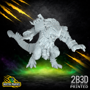 A 32mm high-detail resin Kroxigor miniature with a skull head and a feathered headdress. Printed by 2B3D and designed by BruteFun Miniatures for tabletop wargaming.