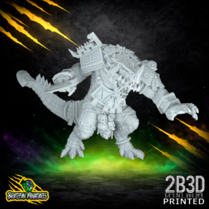 A 32mm scale resin Kroxigor miniature featuring a skull head and a mouth guard. Professionally printed by 2B3D and designed by BruteFun Miniatures.