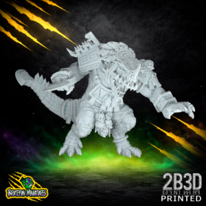 A 32mm resin Kroxigor miniature with a skull head, feathered headdress, and mouth guard. A highly detailed sculpt by BruteFun Miniatures printed by 2B3D.