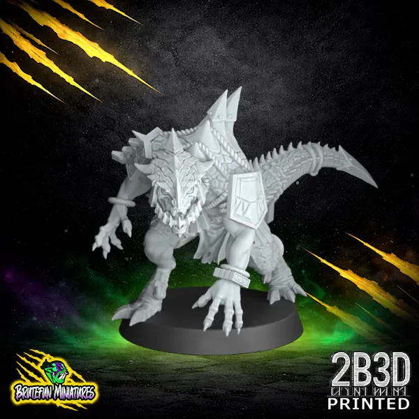 A 32mm scale resin Saurus 01 lizardman fantasy football miniature shown with a black base, sculpted by BruteFun Miniatures and printed by 2B3D.