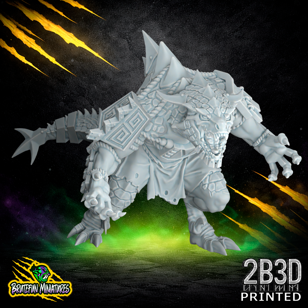 A 32mm resin Saurus miniature by BruteFun Miniatures with an open helmet design. The sculpt reveals the creature's aggressive reptilian features and sharp teeth, printed with precision by 2B3D for tabletop wargaming.