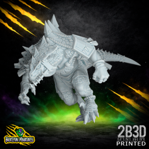 A 32mm resin Saurus 03 miniature from the Lizardmen Team by BruteFun Miniatures, printed by 2B3D. The warrior is in a dynamic sprinting pose, featuring a closed helmet with heavy plating and a protective jaw guard, perfect for fantasy football.