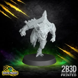 A 32mm high-detail resin Saurus 04 miniature in a dynamic sprinting pose. Sculpted by BruteFun Miniatures and printed by 2B3D, the figure features thick reptilian scales, geometric shoulder armor, and a forward-leaning athletic stance.