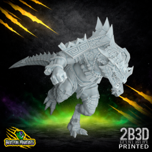 A 32mm high-detail resin Saurus 04 miniature with an open helmet design, revealing sharp teeth and aggressive reptilian features. Sculpted by BruteFun Miniatures and printed by 2B3D for tabletop wargaming.