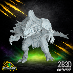 A 32mm high-detail resin Saurus 05 miniature by BruteFun Miniatures, printed by 2B3D. The reptilian warrior features a closed helmet with reinforced armor and is captured in a dynamic, low-slung athletic pose for fantasy football.